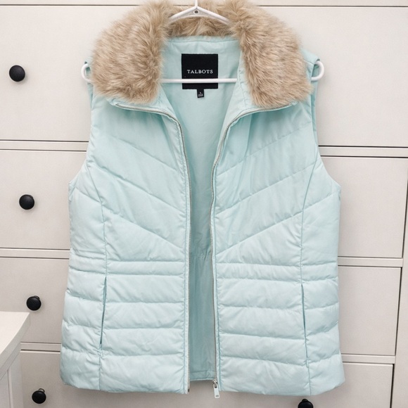 Talbots Aqua Down Puffer Vest with Removable Faux Fur Collar - Picture 3 of 6